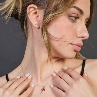 Collana argento rodiato con centrale corno e coccinella smaltata pendenti