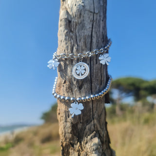 Bracciale acciaio sfere lucide e centrale pendente albero della vita traforato