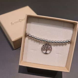 Bracciale acciaio sfere lucide e centrale pendente albero della vita traforato