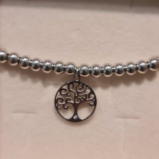 Bracciale acciaio sfere lucide e centrale pendente albero della vita traforato