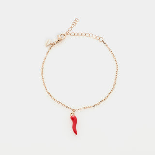 Bracciale acciaio rosato maglia rolò fina con corno acciaio smaltato rosso centrale pendente