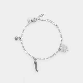 Bracciale acciaio maglia rolò fina con tre ciondoli in acciaio quadrifoglio, corno e coccinella
