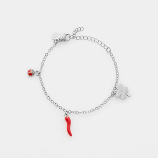 Bracciale acciaio maglia rolò fina con tre ciondoli in acciaio quadrifoglio, corno smaltato rosso e coccinella smaltata rossa