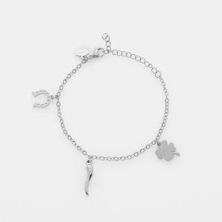 Bracciale acciaio maglia rolò fina con tre ciondoli in acciaio quadrifoglio, corno e coccinella