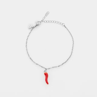 Bracciale acciaio maglia rolò fina con corno smaltato rosso centrale pendente