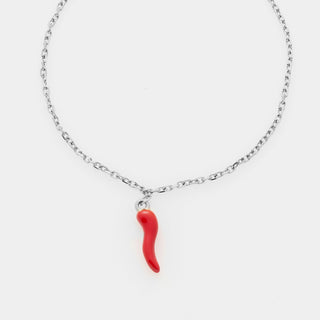 Bracciale acciaio maglia rolò fina con corno smaltato rosso centrale pendente