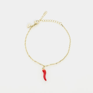Bracciale acciaio dorato maglia rolò fina con corno acciaio smaltato rosso centrale pendente