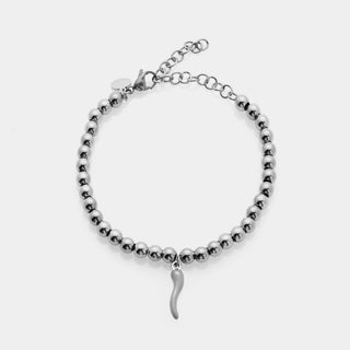 Bracciale acciaio rodiato a sfere lucide e centrale pendente corno rodiato