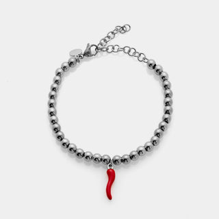 Bracciale acciaio dorato a sfere lucide e centrale pendente corno dorato