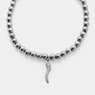 Bracciale acciaio rodiato a sfere lucide e centrale pendente corno rodiato