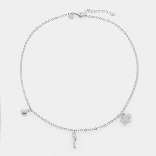 Collana acciaio maglia rolò fina con tre ciondoli in acciaio quadrifoglio, corno e coccinella