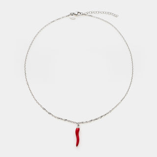 Collana acciaio maglia rolò fina con corno acciaio smaltatao rosso centrale pendente