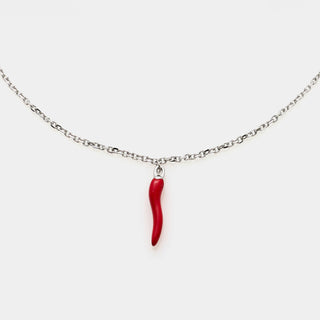 Collana acciaio maglia rolò fina con corno acciaio smaltatao rosso centrale pendente