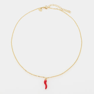 Collana acciaio dorata maglia rolò fina con corno acciaio smaltato rosso centrale pendente