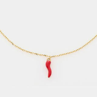 Collana acciaio dorata maglia rolò fina con corno acciaio smaltato rosso centrale pendente