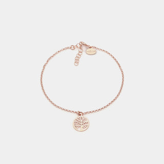 Bracciale argento rosato con pendente albero della vita traforato e cornice rotonda