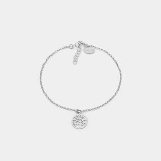 Bracciale argento rodiato con pendente albero della vita traforato e cornice rotonda