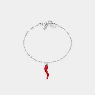 Bracciale argento rodiato con centrale corno bombato portafortuna smaltato rosso pendente