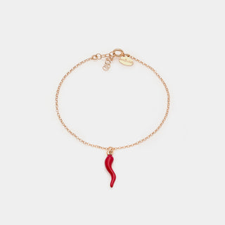 Bracciale argento rosato con centrale corno bombato portafortuna smaltato rosso pendente