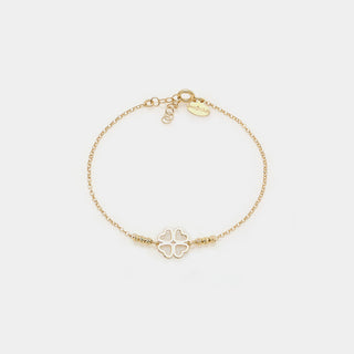 Bracciale argento dorato con sfere sfaccettate e quadrifoglio con petali a cuore centrale