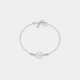 Bracciale argento rodiato con sfere sfaccettate e quadrifoglio con petali a cuore centrale