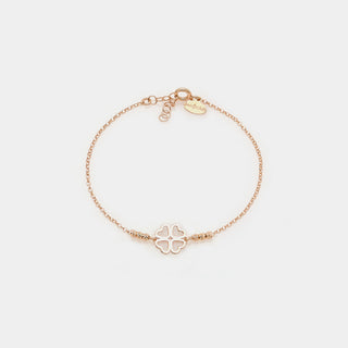 Bracciale argento rosato con sfere sfaccettate e quadrifoglio con petali a cuore centrale