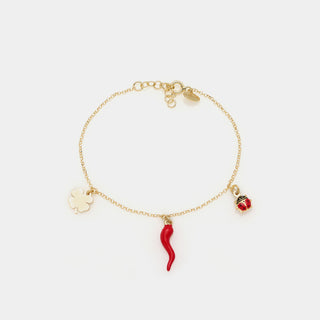 Bracciale argento dorato con corno e coccinella smaltati e quadrifoglio pendenti