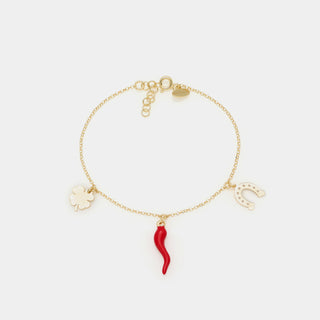 Bracciale argento dorato con corno smaltato, quadrifoglio e ferro di cavallo pendenti
