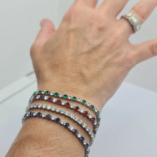 BRACCIALE ACCIAIO TENNIS E ZIRCONI BIANCHI E VERDI MM 3,00 CHIUSURA A SCORRERE